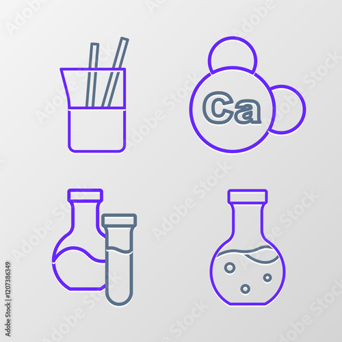 Set line Test tube, Mineral Ca Calcium and Laboratory glassware icon. Vector