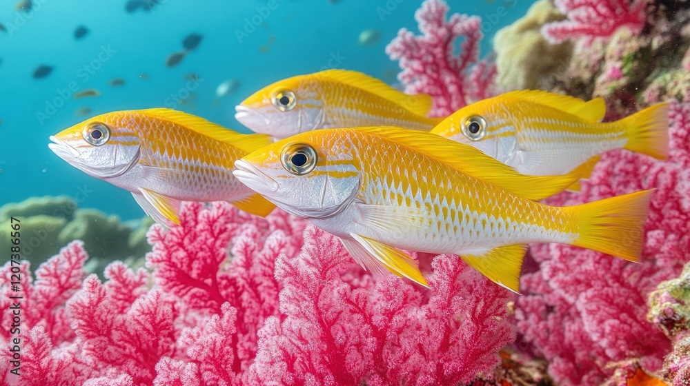Naklejka premium Vibrant Reef: Golden Fish Amongst Pink Coral
