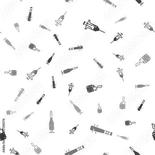 Set Syringe, Baseball bat with nails, Lighter and Bullet on seamless pattern. Vector