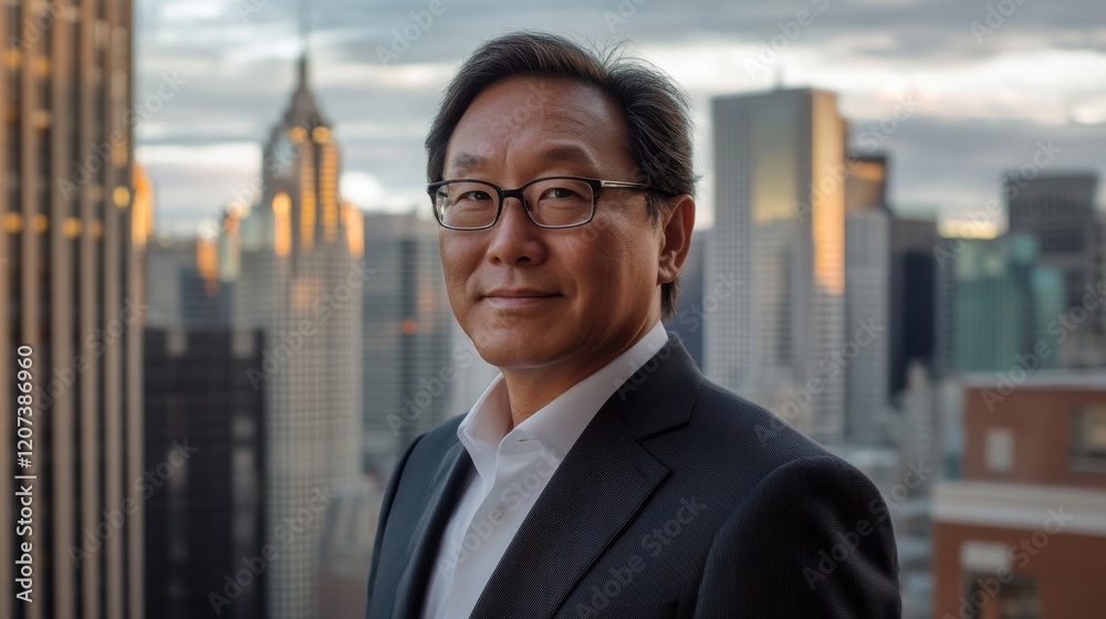 A sophisticated Asian man in a sharp suit and glasses, standing with a pensive look, the city skyline in the background emphasizing his professional persona. A sophisticated Asian man in a sharp suit and glasses, standing with a pensive look, the city skyline in the background emphasizing his professional persona.