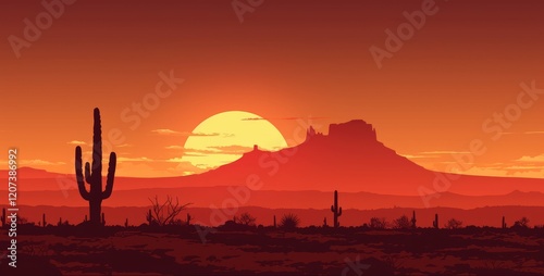 Desert Sunset Landscape Silhouette Featuring Cactus and Mountains