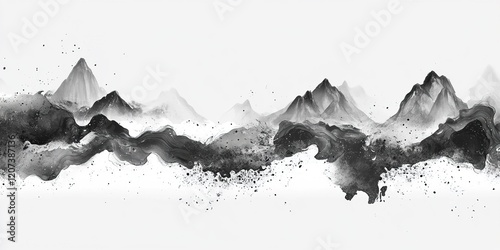 Elegant 8K Chinese Ink Illustration: Misty Mountain Landscape at Dawn. Abstract Black and White Cartoon for High-End Marketing. Minimalist Poster Background with Serene Oriental Aesthetics, Perfect fo
