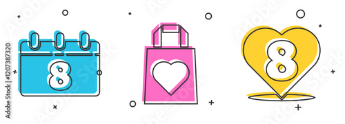 Set Calendar with 8 March, Shopping bag with heart and Heart with 8 March icon. Vector