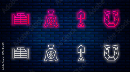 Set line Money bag, Shovel, Saloon door and Horseshoe. Glowing neon icon on brick wall. Vector