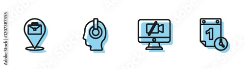 Set line Video camera Off on computer, Online working, Freelancer and Time management icon. Vector