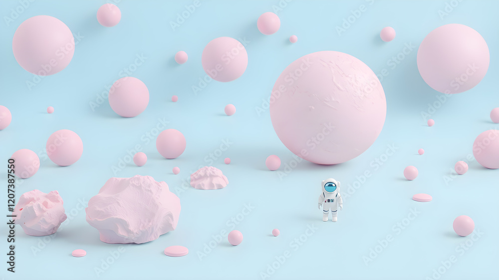 3D render of pastel pink planets and small astronauts on a pastel blue background. Generative AI 3D render of pastel pink planets and small astronauts on a pastel blue background. Generative AI