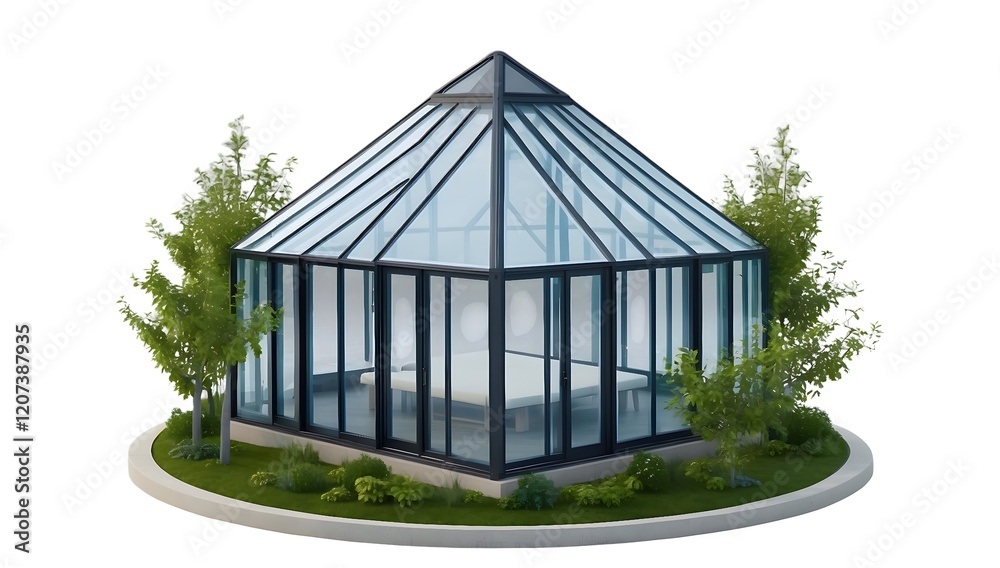 Modern Black Glass Greenhouse with Lush Landscaping Modern Black Glass Greenhouse with Lush Landscaping