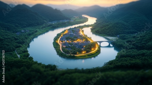 Tranquil River Island at Dusk Surrounded by Lush Mountains and Glowing Village Lights, Capturing the Essence of Serene Nature and Remote Living