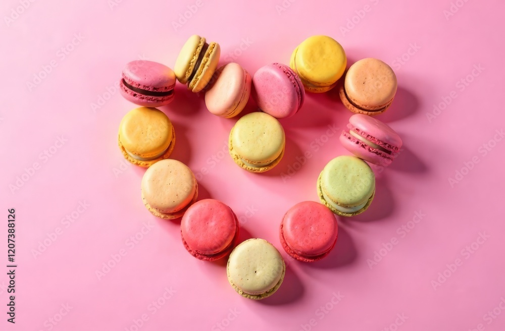 Obraz premium Colorful almond cakes, cream-filled cookies and macaroon macaroons lie in a heart shape on a pink background