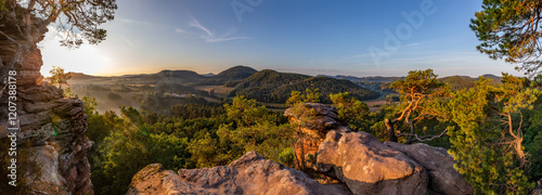 Panorama of Dahn Rockland in Early Morming Atmosphere, Dahner Felsenland, Rhineland-Palatinate, Germany, Europe