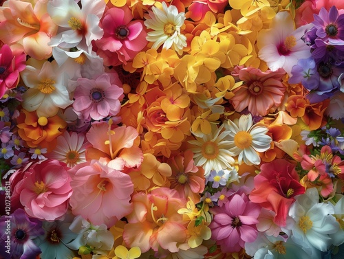 Multi-colored flower summer wall background with red,orange,pink,purple,green and white violet and chrysanthemum flowers ,Wedding decoration