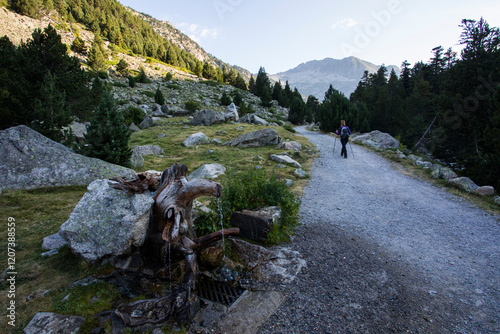 Young hiker woman in Vall de Boi, Aiguestortes and Sant Maurici National Park, Spain photo