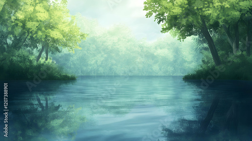 Serene Reflection of Lush Greenery on Calm Water Surface at Dusk