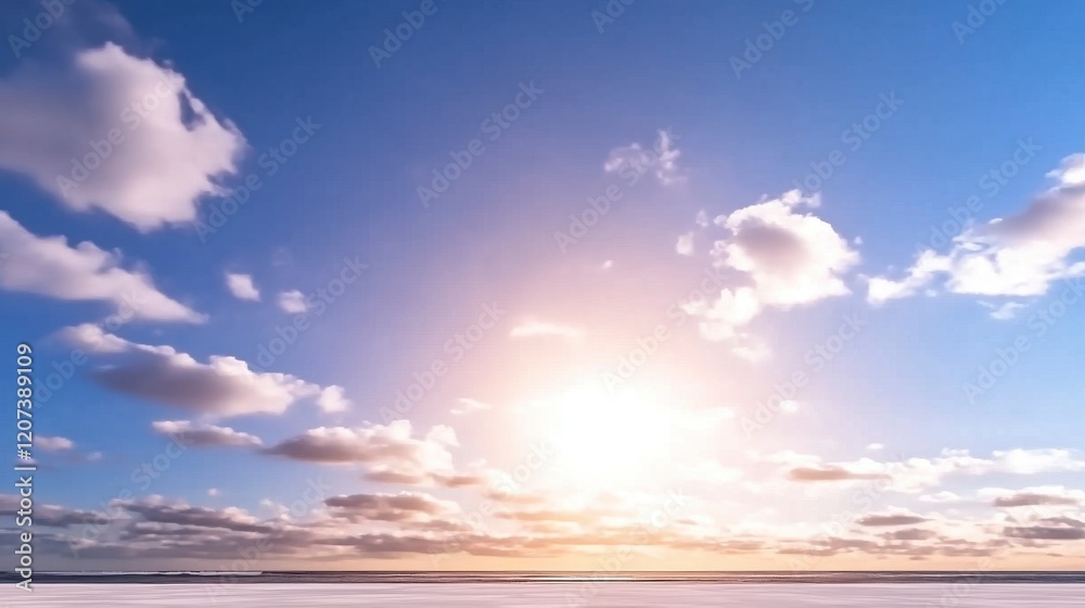 Fototapeta premium Serene Winter Landscape with Bright Sun and Fluffy Clouds
