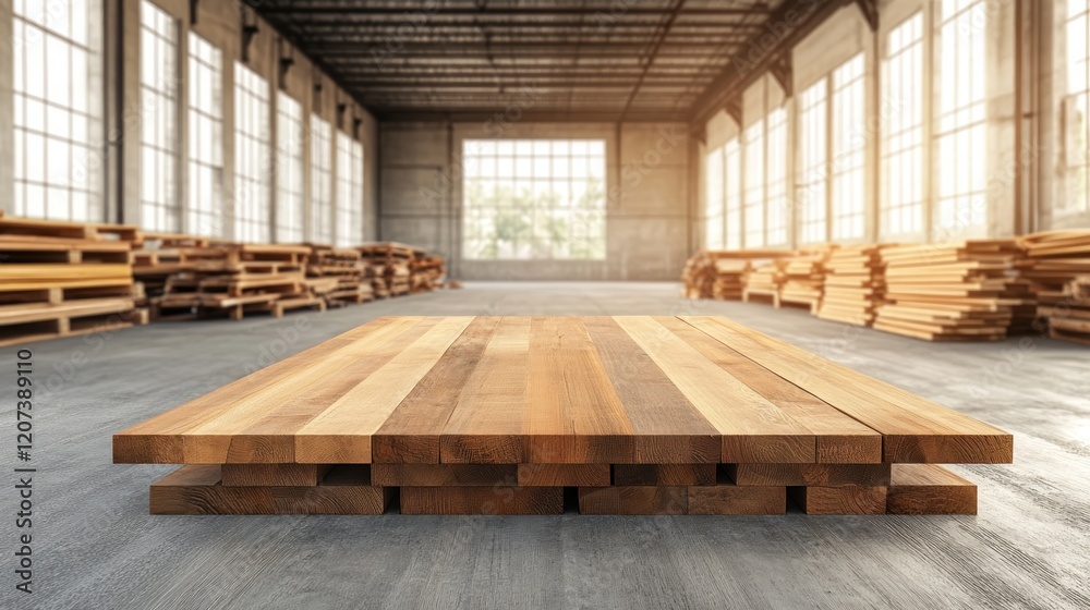 Wooden Planks Stacked Neatly in Spacious Industrial Warehouse Interior Wooden Planks Stacked Neatly in Spacious Industrial Warehouse Interior