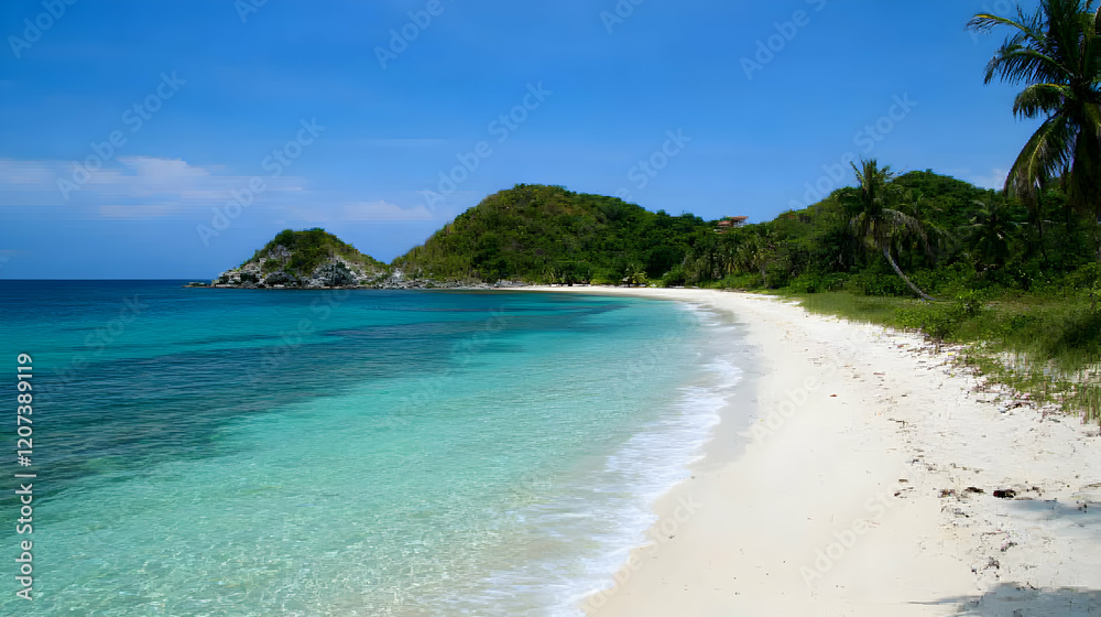 Fototapeta premium Serene Tropical Beach with Clear Water and Lush Green Hills