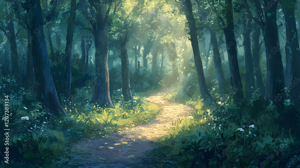 Obraz premium Tranquil Sunlit Pathway Through Lush Forest with Soft Light