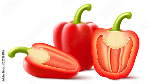 Fresh ripe bell pepper isolated vegetable on white background. Whole, half and slices of red raw pepper. Sweet paprika. Realistic 3d vector illustration.