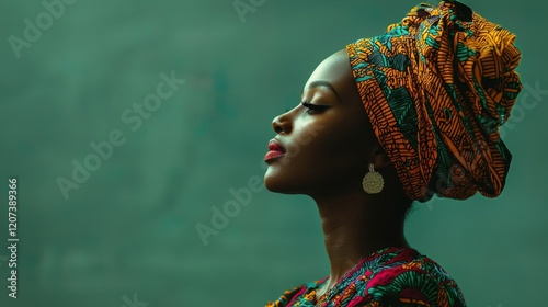 Elegant Nigerian Woman in Traditional Attire with Colorful Gele Headwrap and Regal Profile Display