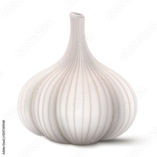 Ripe raw garlic seasoning vegetable. Whole isolated garlic head. Aromatic bulb with papery skin revealing plump cloves, with robust flavor. Realistic 3d vector illustration.