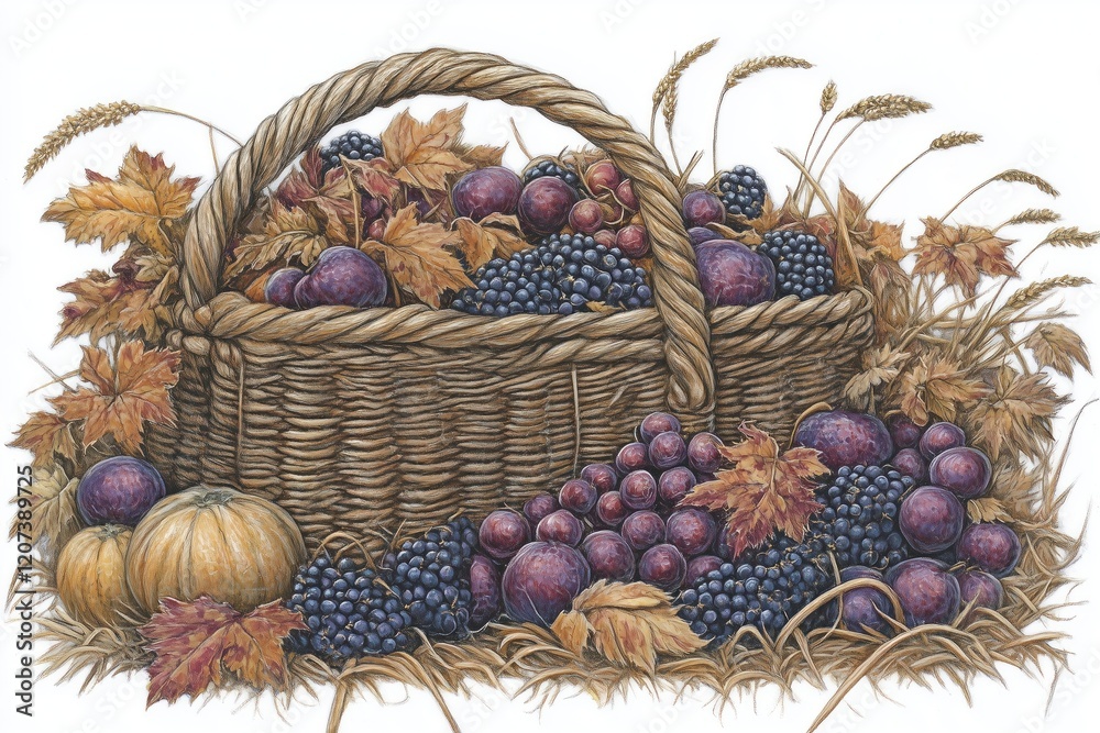 A basket full of fruits and vegetables including grapes, apples, and squash A basket full of fruits and vegetables including grapes, apples, and squash