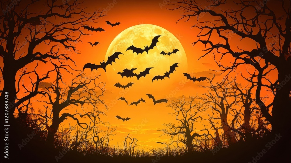 A spooky Halloween background featuring black bats flying across a full moon in a dark, eerie sky, with silhouettes of haunted trees adding to the atmosphere. A spooky Halloween background featuring black bats flying across a full moon in a dark, eerie sky, with silhouettes of haunted trees adding to the atmosphere.