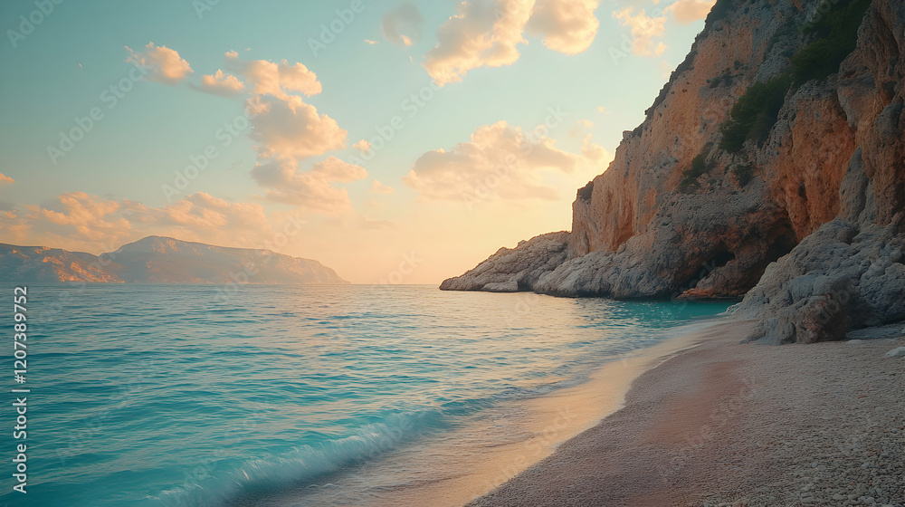 Serene Coastal Landscape at Sunset with Soft Waves and Cliffs Serene Coastal Landscape at Sunset with Soft Waves and Cliffs