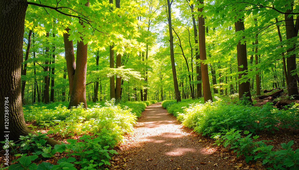 Obraz premium Lush forest pathway inviting exploration, serene natural landscape