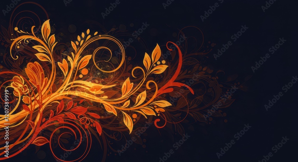 Elegant golden floral swirls on dark background for modern decorative design