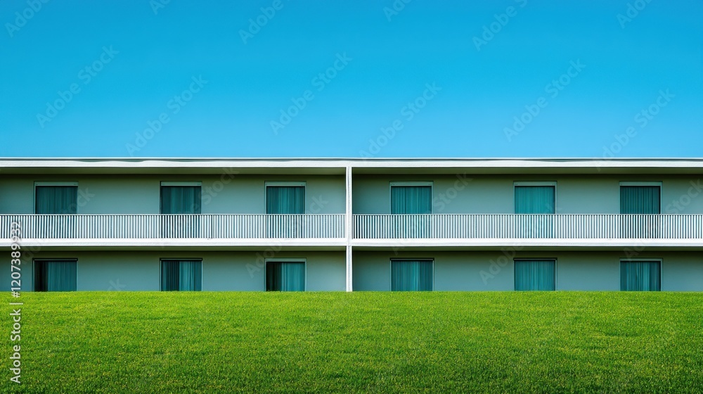 Minimalist modern building with balconies against a clear blue sky and green grass. Minimalist modern building with balconies against a clear blue sky and green grass.