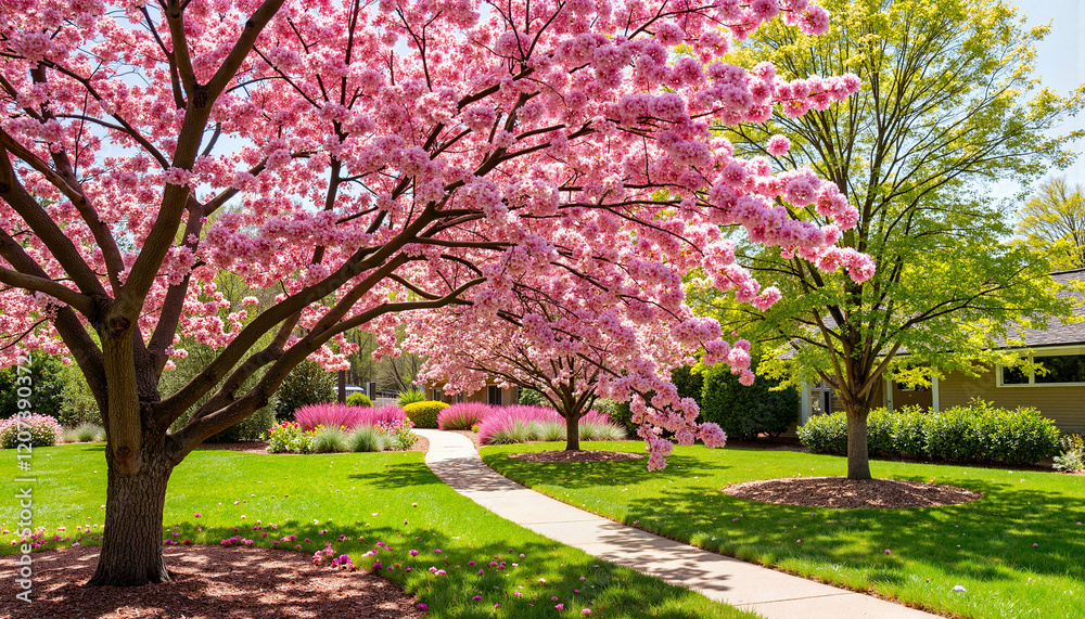 Naklejka premium Blooming cherry trees in vibrant garden pathway, spring celebration