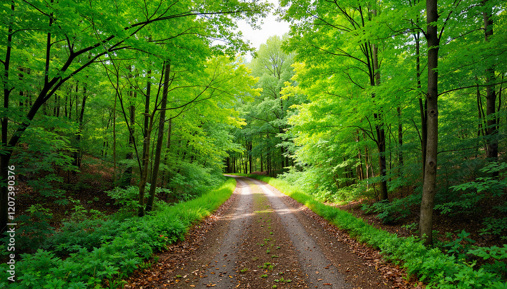 Fototapeta premium Serene forest walkway surrounded by lush greenery, nature immersion