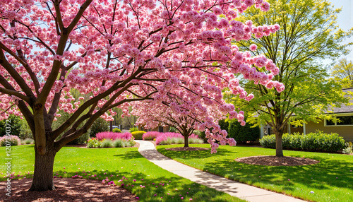 Blooming cherry trees in vibrant garden pathway, spring celebration