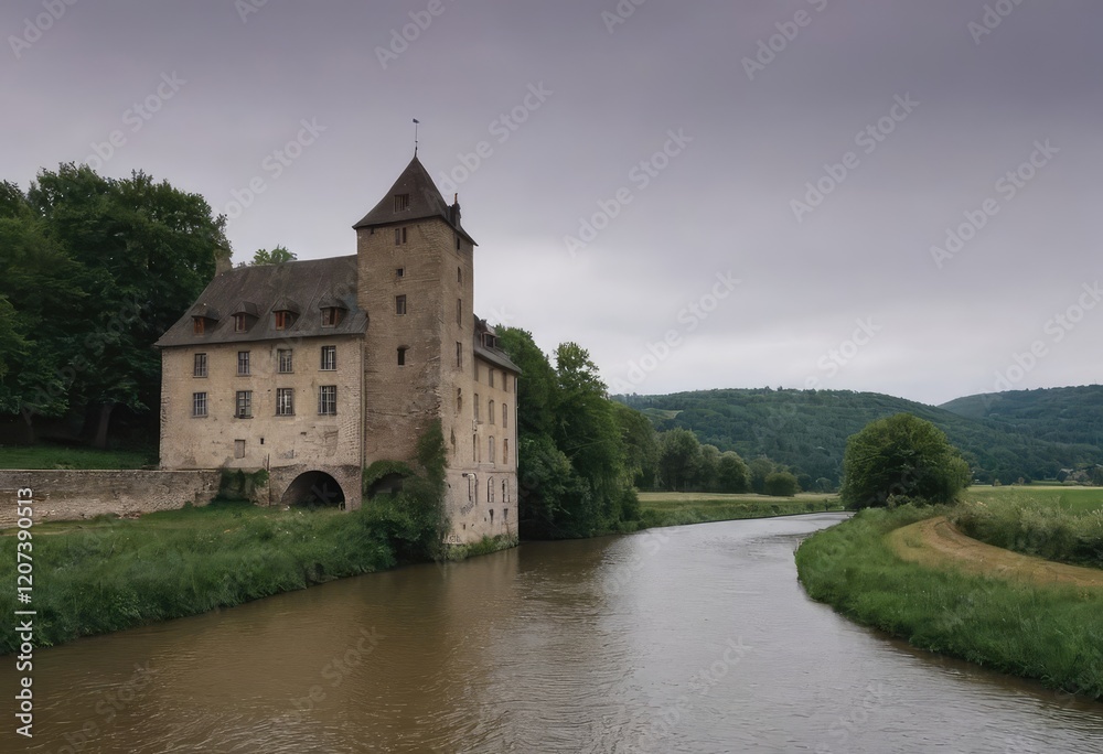 A large stone building is situated right on the shore of a river A large stone building is situated right on the shore of a river