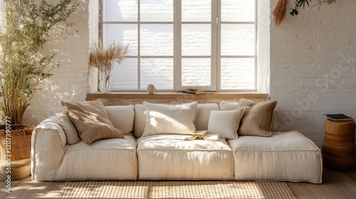 Beige fabric sofa against window in boho home living room