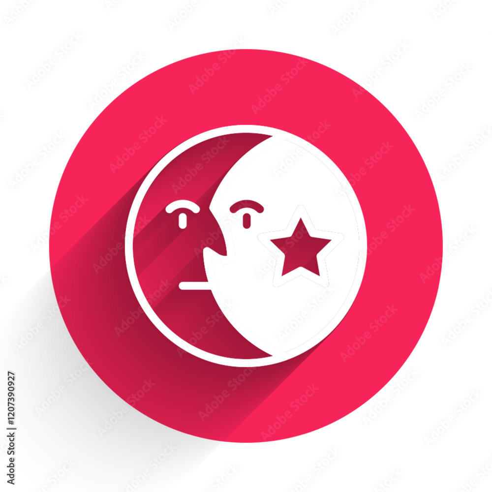 White Moon and stars icon isolated with long shadow. Red circle button. Vector