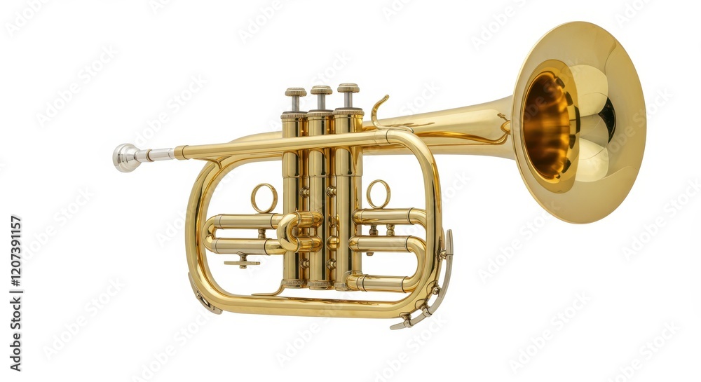 Obraz premium Golden brass flugelhorn isolated on white background with detailed valves