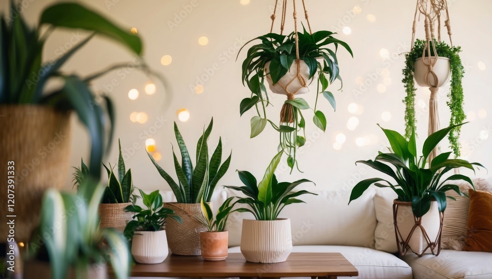 Fototapeta premium Houseplants thrive in a cozy living room, naturally filtering the air and creating a refreshing, sustainable atmosphere full of life.