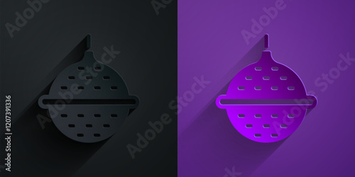 Paper cut Ball tea strainer icon isolated on black on purple background. Paper art style. Vector