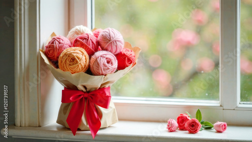 Gift bouquet of multi-colored balls of yarn in craft packaging and red ribbon bow next to window with flowering garden and rose blossoms on windowsill. Generated by AI.