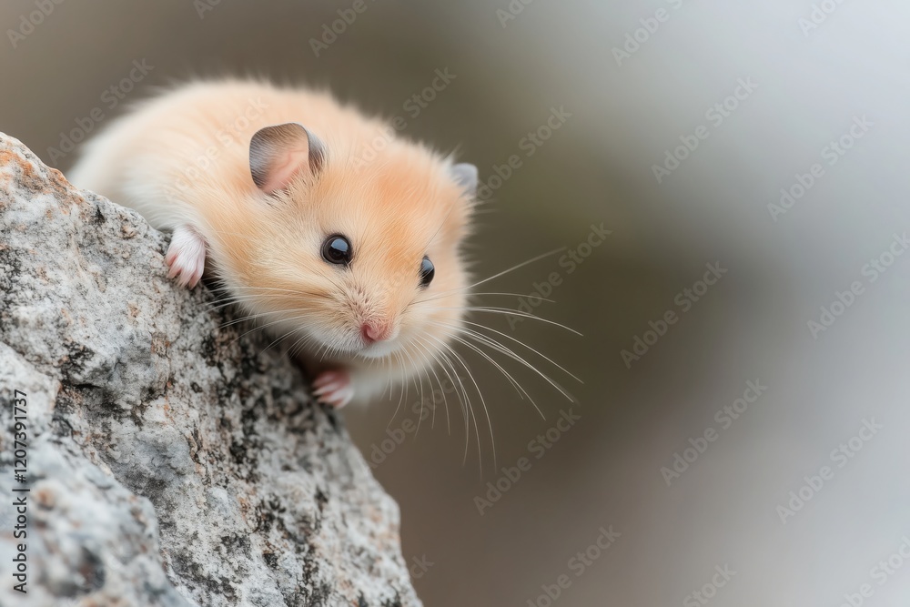 Fluffy Hamster on Rock: An adorable fluffy hamster, light beige in color, perches on a rough-textured rock, gazing intently. Its tiny paws grip the stone, showcasing its endearing charm. Fluffy Hamster on Rock: An adorable fluffy hamster, light beige in color, perches on a rough-textured rock, gazing intently. Its tiny paws grip the stone, showcasing its endearing charm.