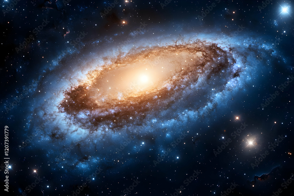 Fototapeta premium Majestic Spiral Galaxy in Deep Space with Brilliant Stellar Clusters and Cosmic Dust