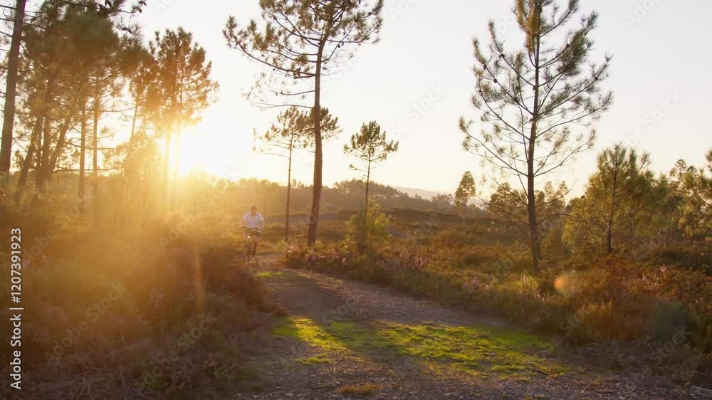 A cyclist navigates a turn and rides downhill on a dirt path, surrounded by a peaceful pine forest and illuminated by the warm, golden light of sunset, filmed in slow motion. A cyclist navigates a turn and rides downhill on a dirt path, surrounded by a peaceful pine forest and illuminated by the warm, golden light of sunset, filmed in slow motion.