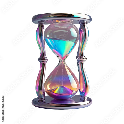 3D chrome element in Y2K style, isolated background, liquid holographic metal. Colorful glass clock with a rainbow design, silver frame, rainbow vibrant colors.