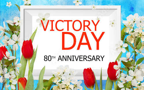 V-E Day 80th Anniversary 8 May logo, greeting card or web banner. Victory in Europe Day banner or poster