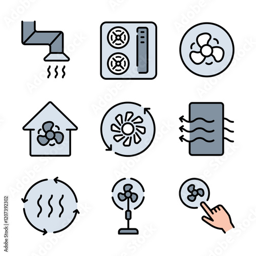 Home ventilation system vector icons set. Ventilation color icons collection. Includes air conditioner, air dryer, air duct, cooling fan, exhaust fan