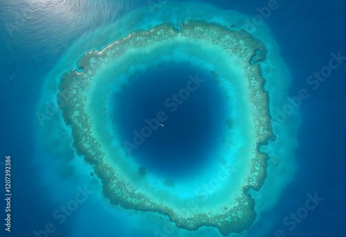 Portrait of Blue Hole. The Great Blue Hole is a large marine sinkhole off the coast. Daylight photography is fictional, nature love and hydro love. Generated via ai