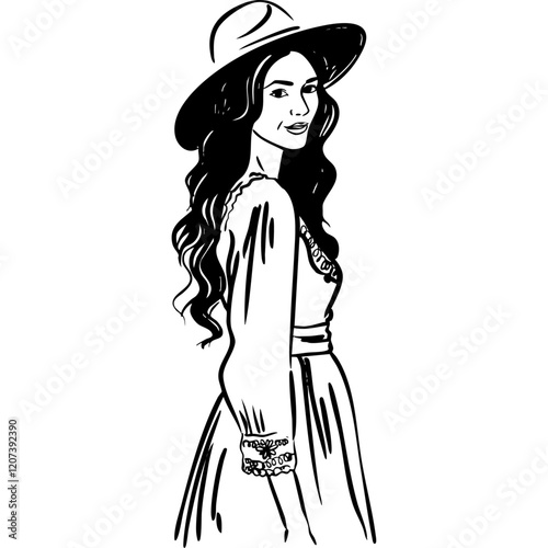 Relaxed Girl in a Dress with a Hat