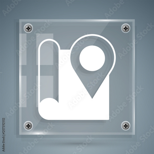 White Folded map with location marker icon isolated on grey background. Square glass panels. Vector