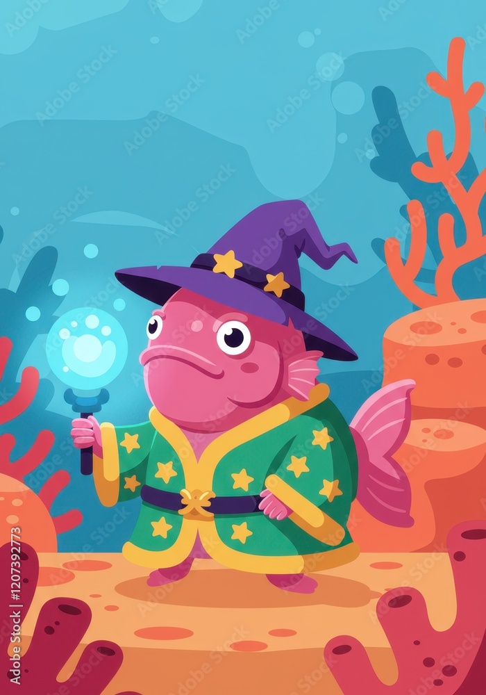 Naklejka premium Whimsical wizard fish holding magic orb in colorful underwater world